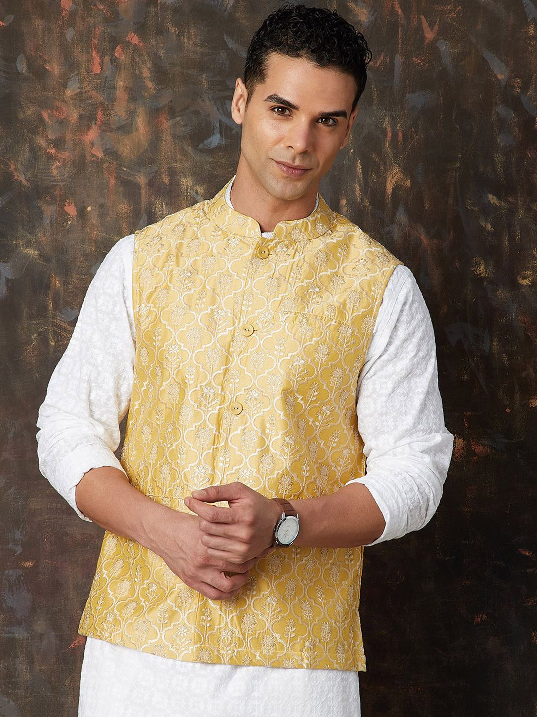 

Melange by Lifestyle Men Mandarin Collar Floral Printed Casual Tailored Jacket, Yellow
