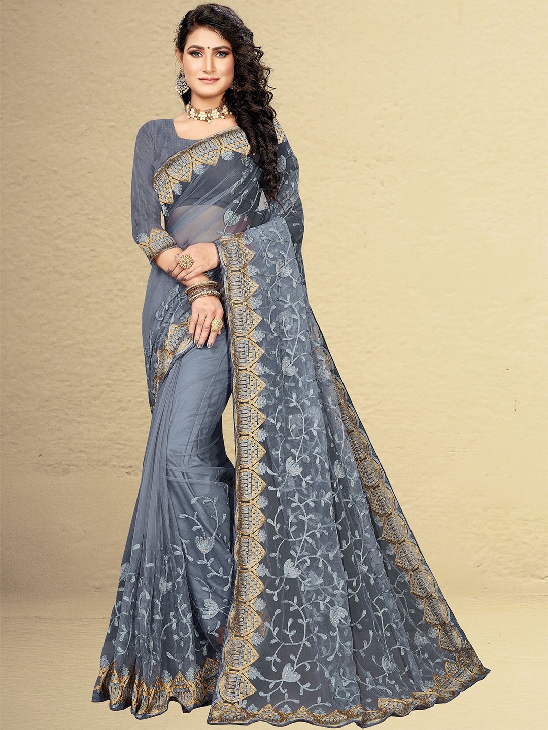 

Maroosh Floral Embroidered Beads and Stones Net Saree, Grey