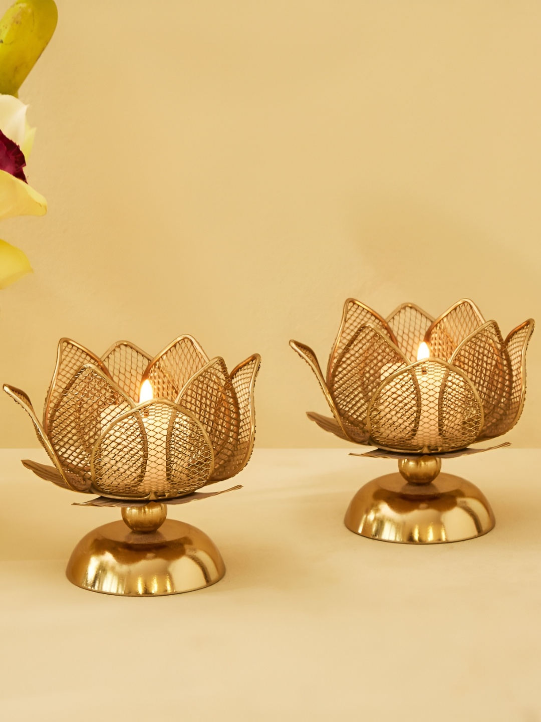 

Home Centre Majestic Lotus Gold-Toned 2 Pieces Metal Votive Candle Holders