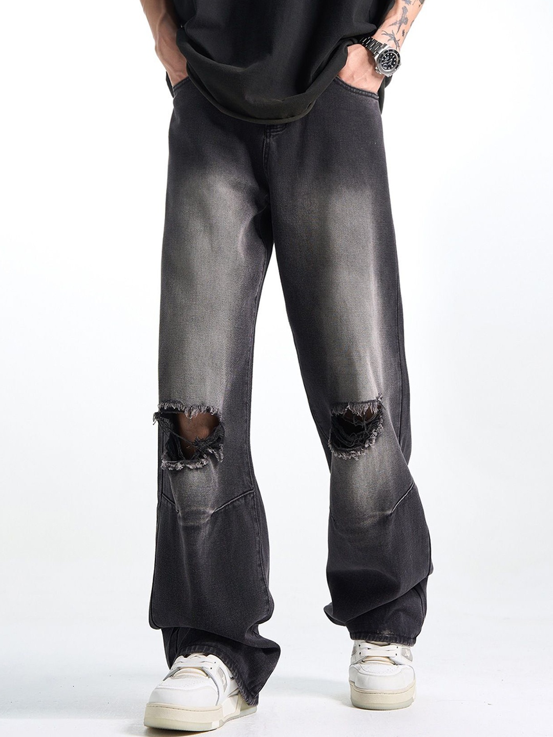 

StyleCast Men Wide Leg Highly Slash Knee Fade Jeans, Black