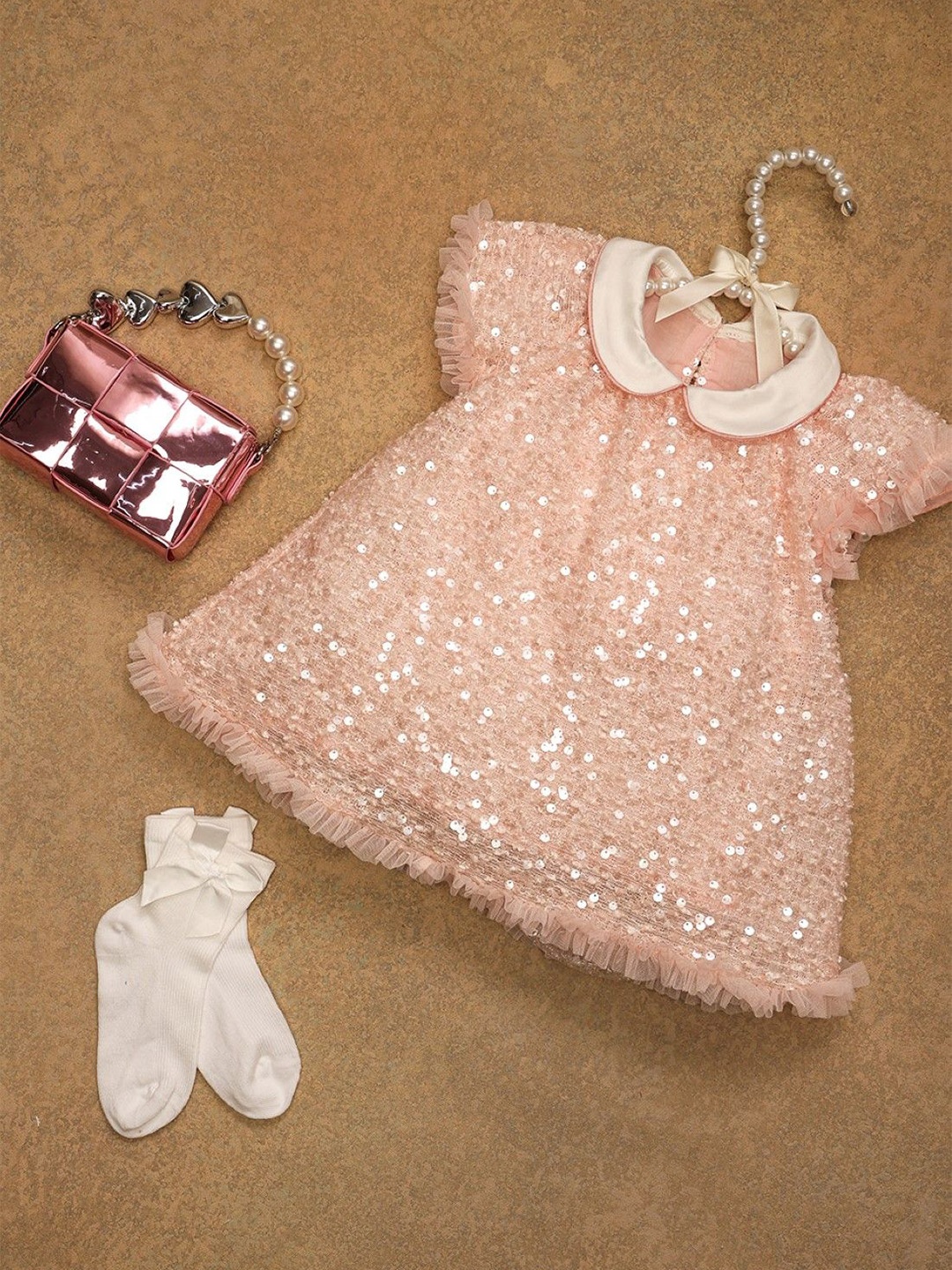 

One Friday Girls Sequined Peter Pan Collar A-Line Dress, Nude