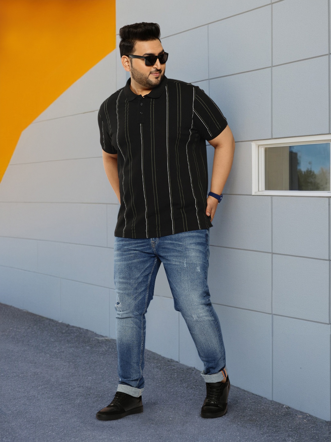 

Sztori Plus Size Striped Polo Collar Pure Cotton T-shirt, Black