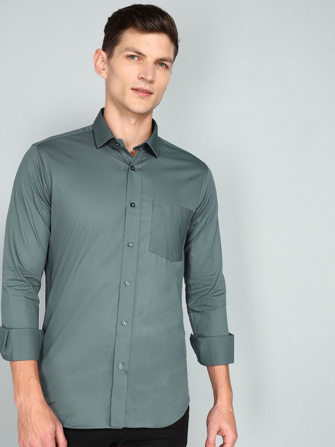 

Ethazh Men Spread Collar Solid Cotton Formal Shirt, Teal