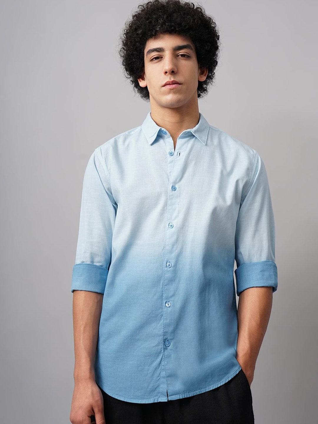 

British Club Men Comfort Spread Collar Dyed Cotton Slim Fit Casual Shirt, Blue