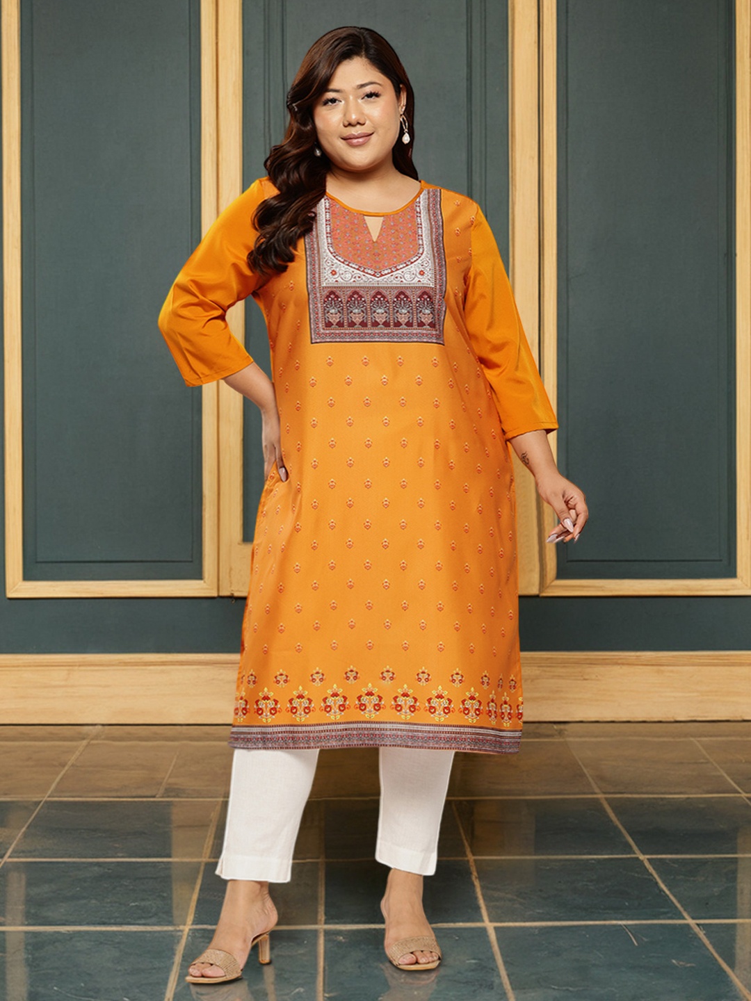 

Sztori Plus Size Ethnic Motifs Printed Keyhole Neck Straight Kurta, Mustard