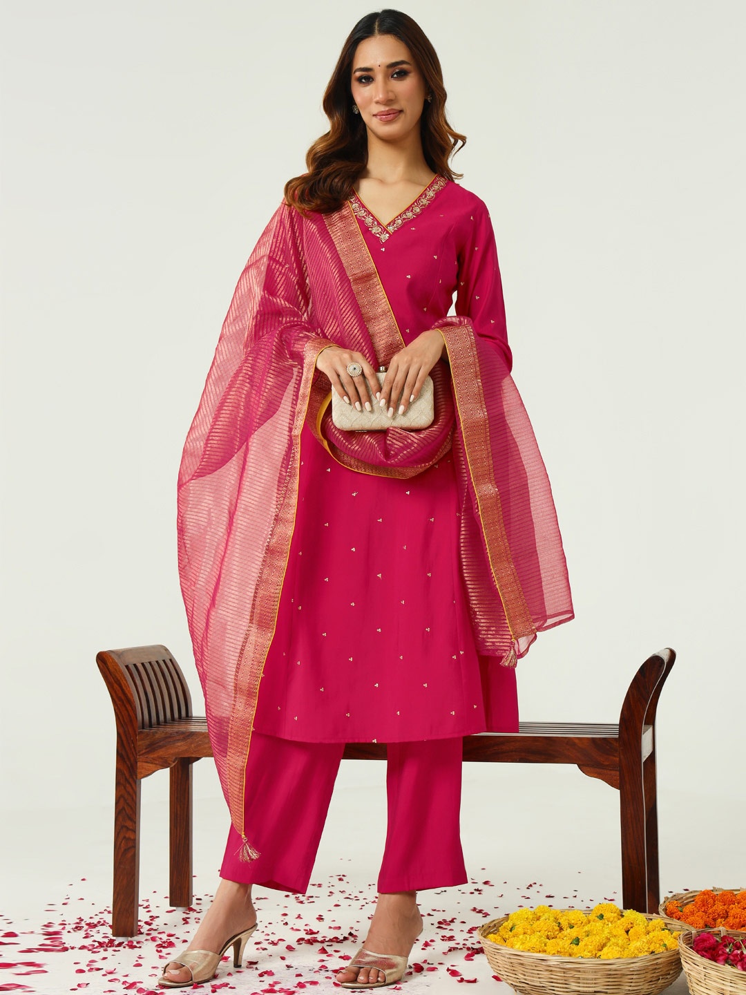 

FIORRA Floral Embroidered Sequinned Chanderi Cotton A-Line Kurta with Trousers & Dupatta, Pink