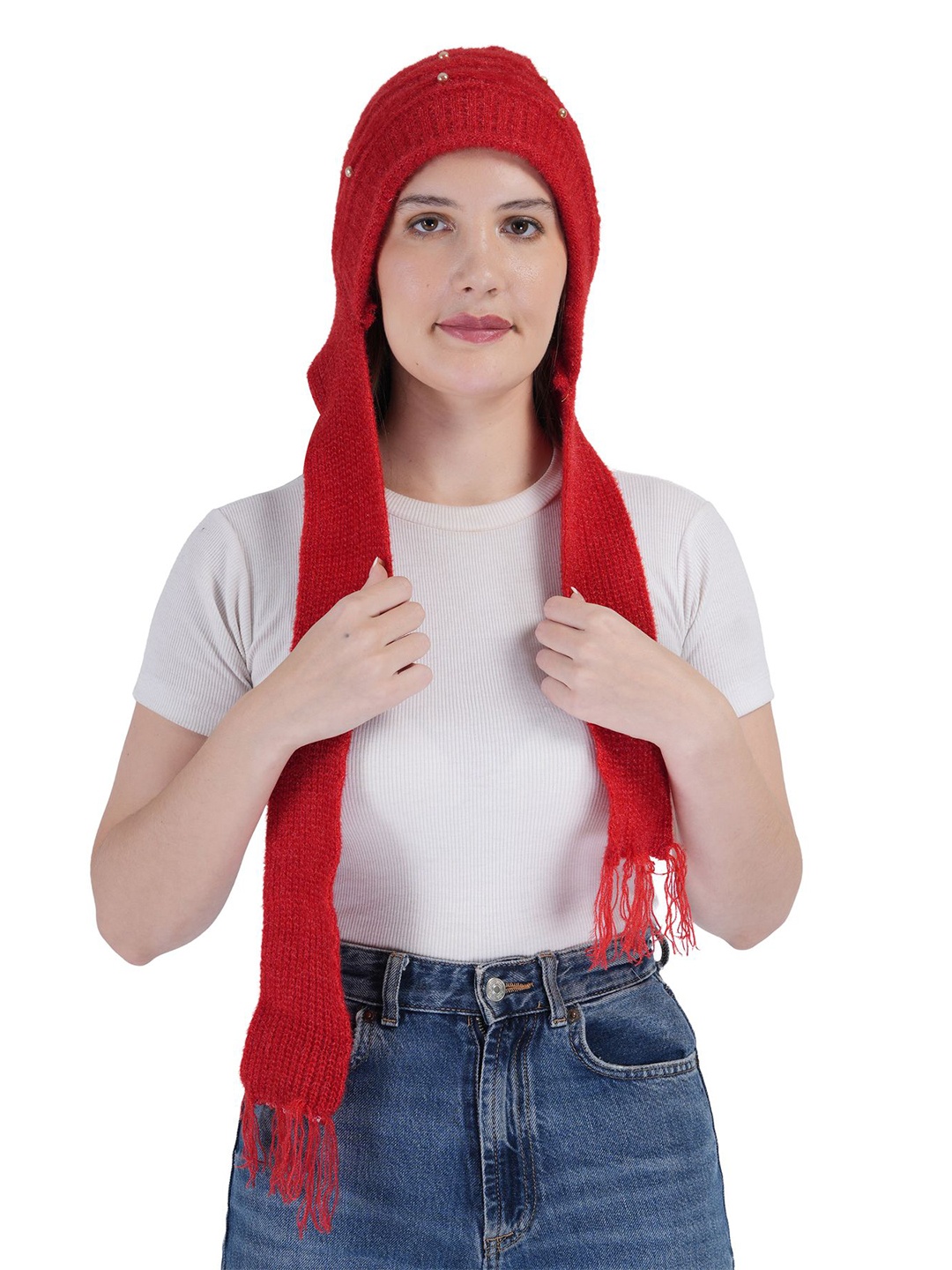 

TEEMOODS Women Womens Wollen Cap with attached Muffler Beanie, Red