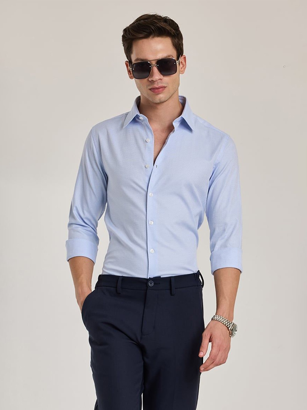 

Snitch Men Smart Spread Collar Micro Ditsy Printed Cotton Casual Shirt, Blue