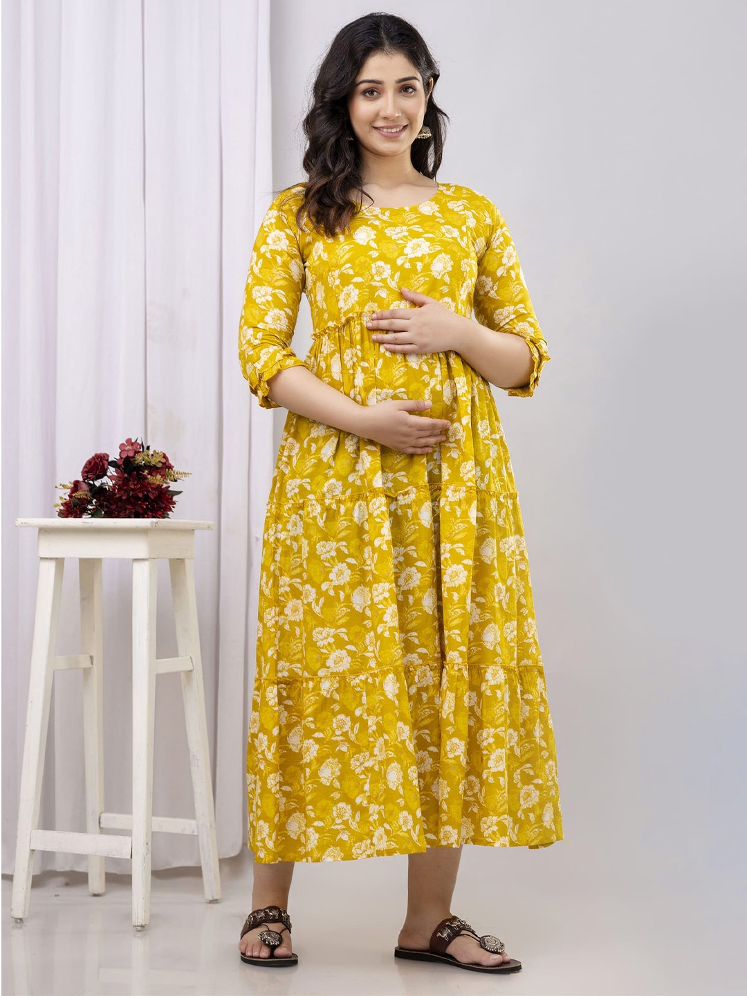 

VARICOS Women Floral Printed Tiering Maternity Cotton A-Line Dress, Mustard