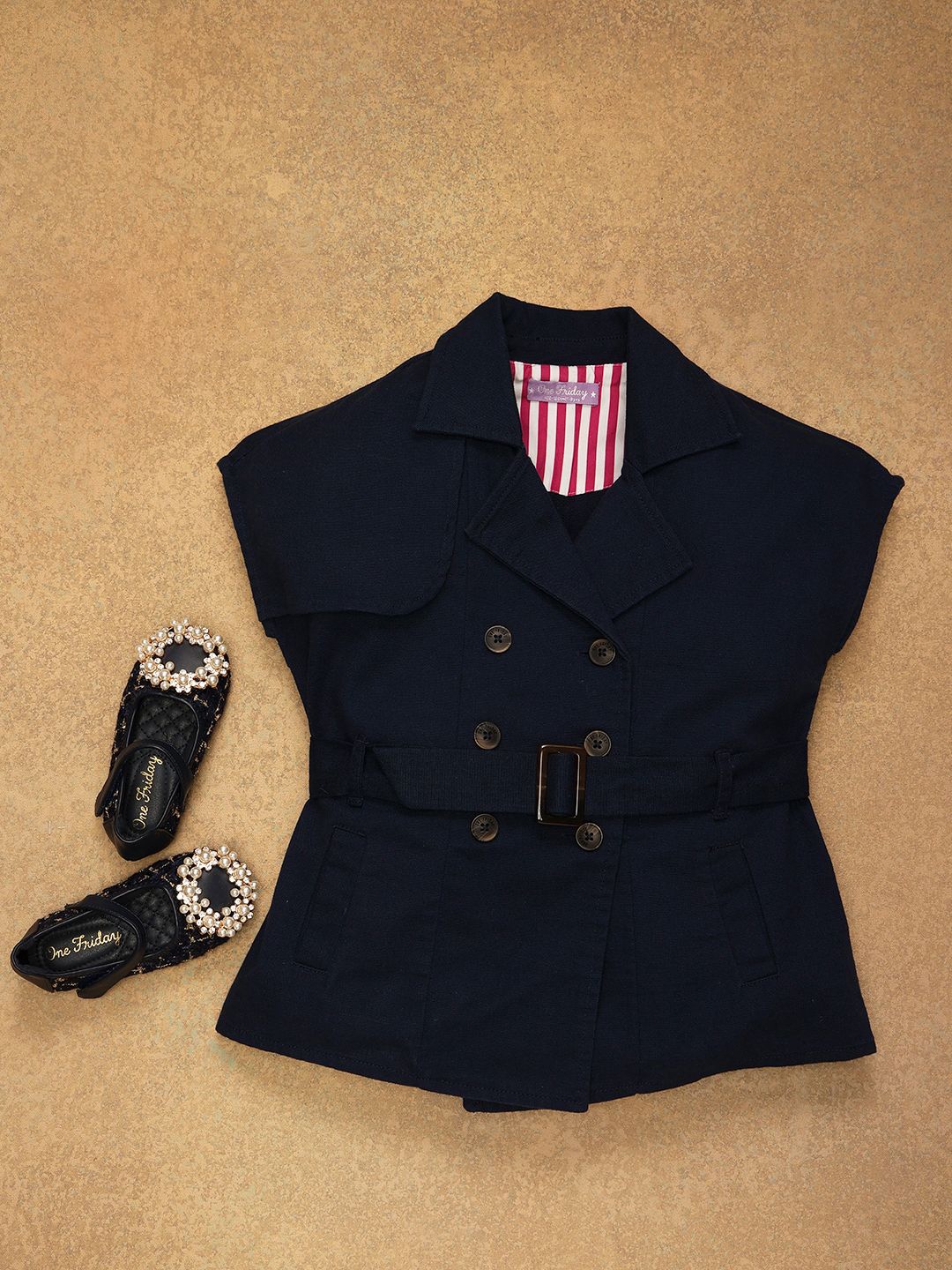 

One Friday Girls Lapel Collar Solid Cotton Casual Open Front Jacket, Navy blue