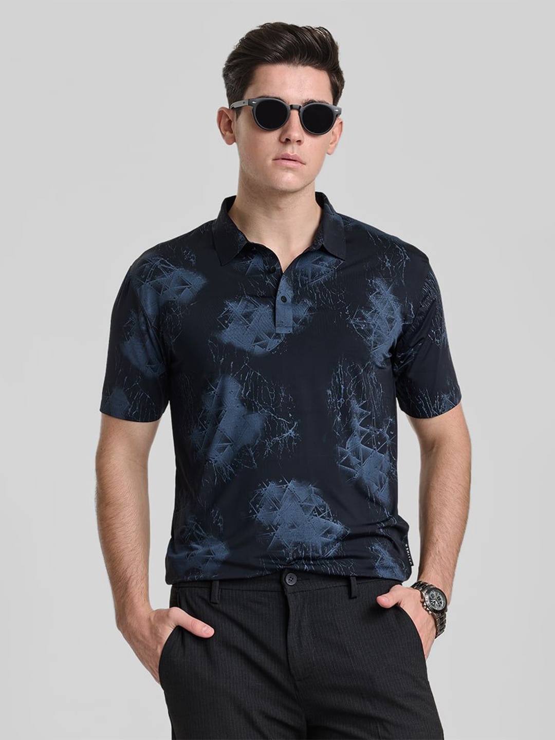 

Snitch Men Abstract Printed Polo Collar Nylon Slim Fit T-shirt, Navy blue