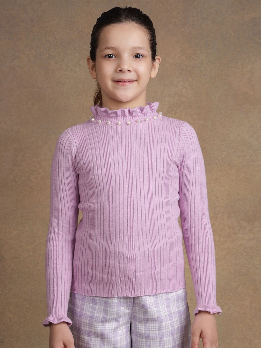 

One Friday Girls Striped Turtle Neck Pullover Straight Sweater, Purple