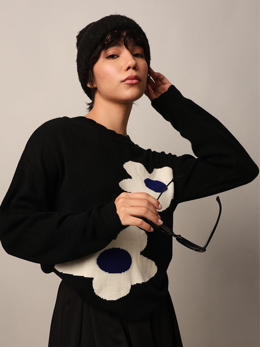 

ONLY Women Floral Self Design Round Neck Pullover Sweater, Black