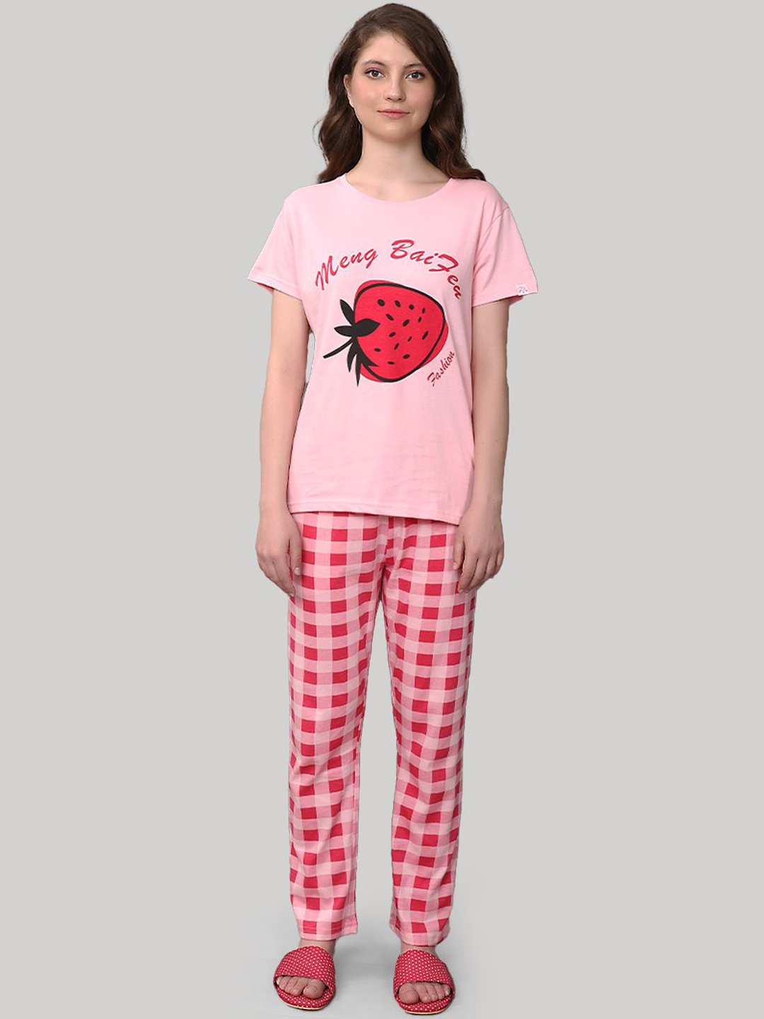 

evolove Women Printed Pure Cotton Night Suit, Pink