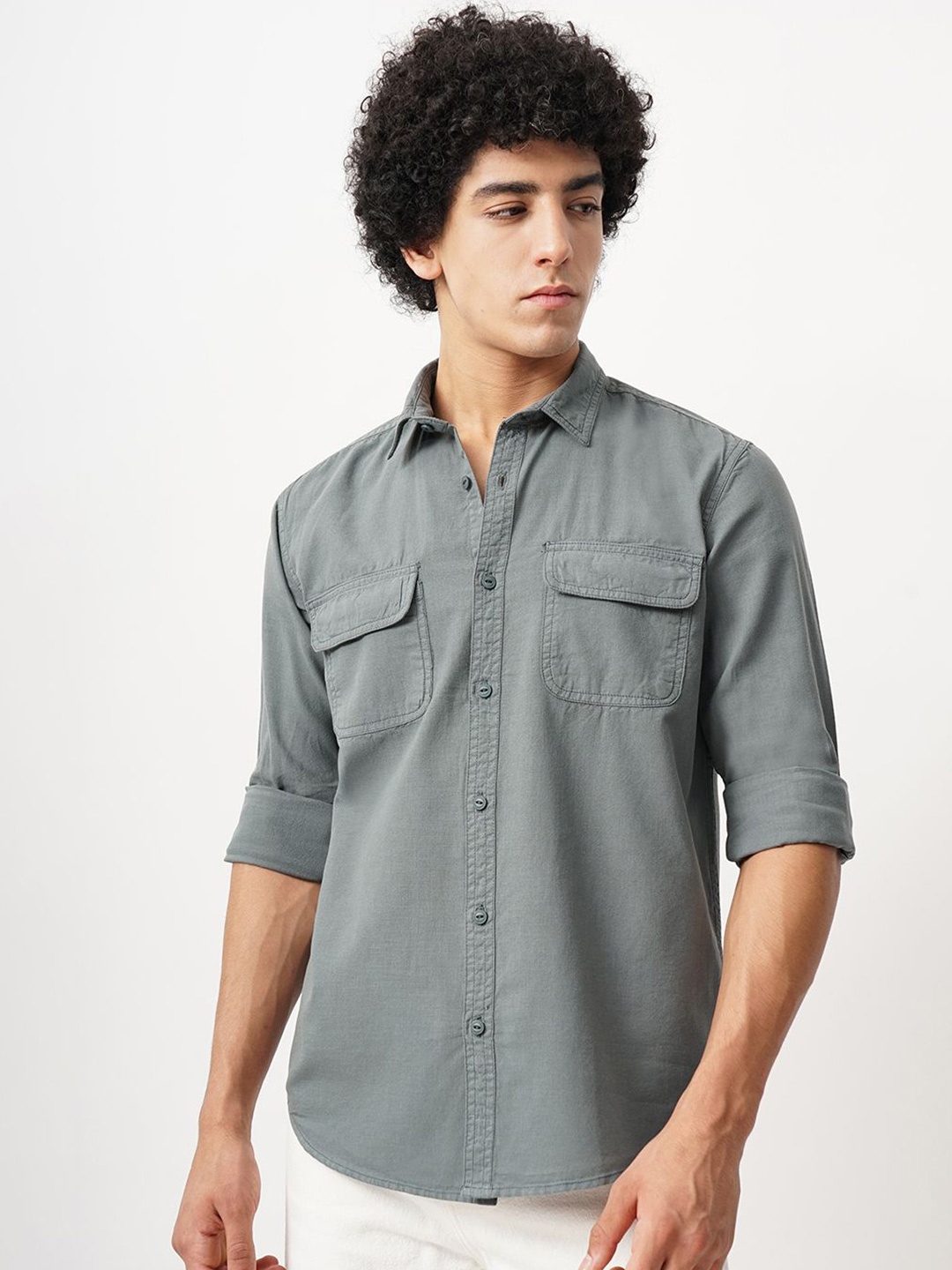 

British Club Men Comfort Spread Collar Solid Cotton Casual Shirt, Grey
