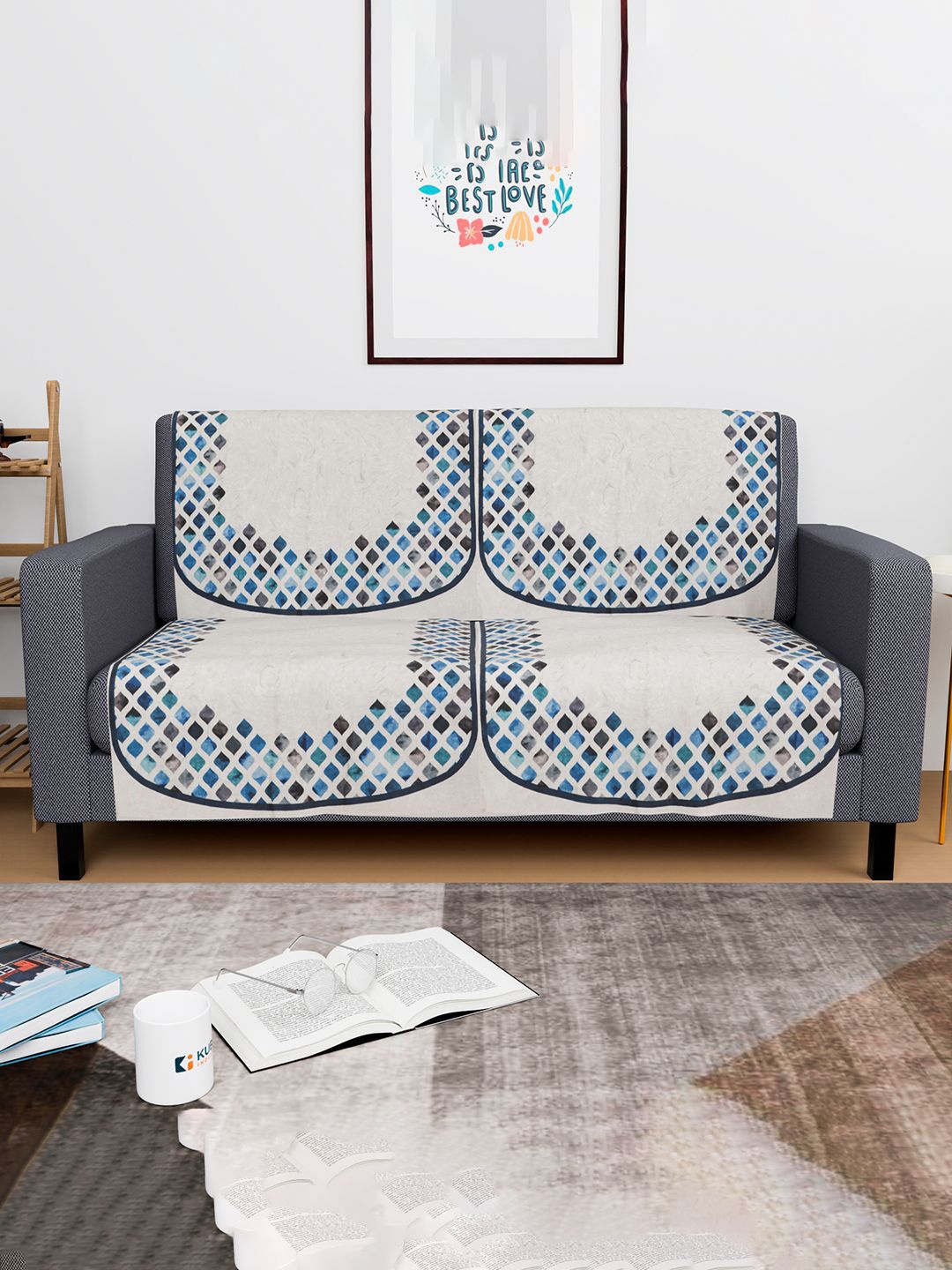 

Kuber Industries Grey & Blue 4 Pieces Printed 2 Seater Velvet Sofa Cover