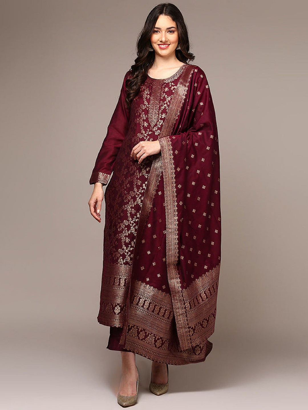 

MAHALASA Women Ethnic Motifs Regular Chanderi Cotton Kurta with Trousers & With Dupatta, Maroon