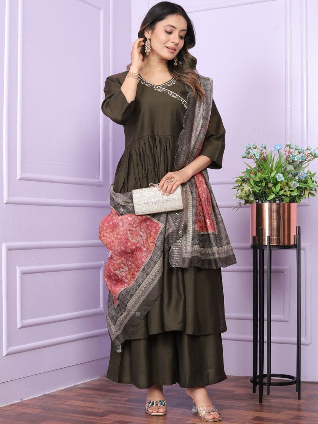 

MAHALASA Angarakh Anarkali Kurti with Palazzos & Dupatta, Olive