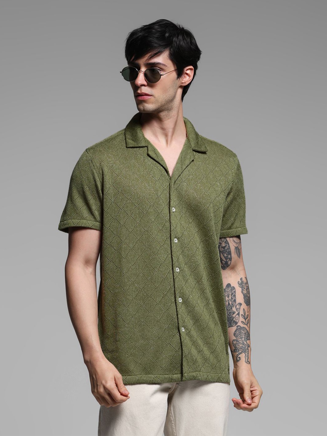 

Jack & Jones Men Cuban Collar Textured Relaxed Fit Casual Shirt, Green