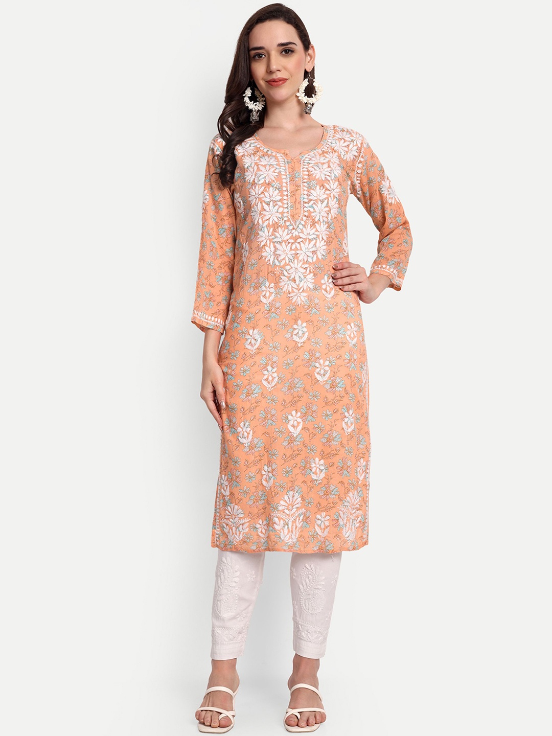 

Indiankala4u Ethnic Motifs Embroidered Lucknow Chikankari MulMul Cotton Straight Kurta, Orange