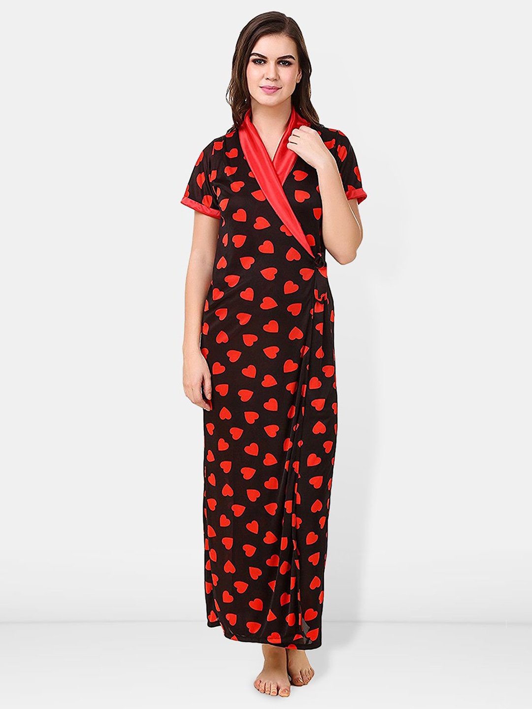 

Be You Satin Hearts Print Night Robe For Women Printed Maxi Nightdress, Red