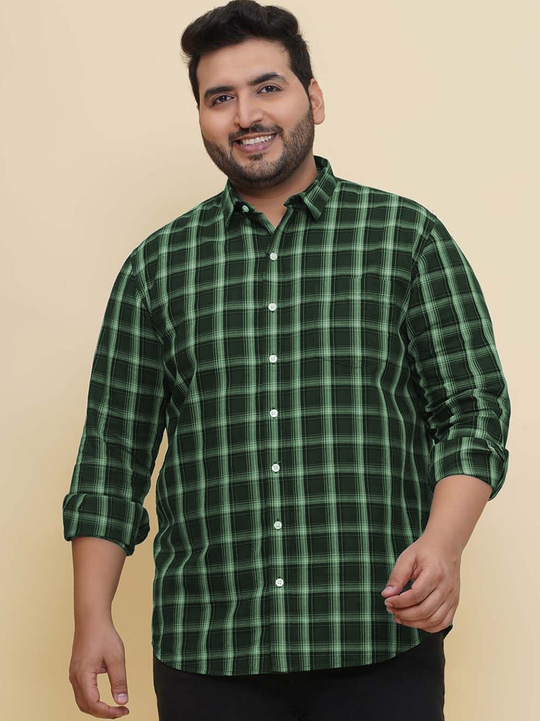 

John Pride Men Spread Collar Gingham Checked Cotton Casual Shirt, Green
