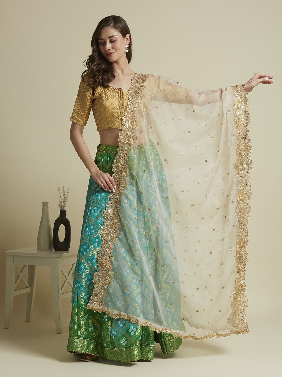 

Dupatta Bazaar Floral Embroidered Sequinned Organza Dupatta, Cream