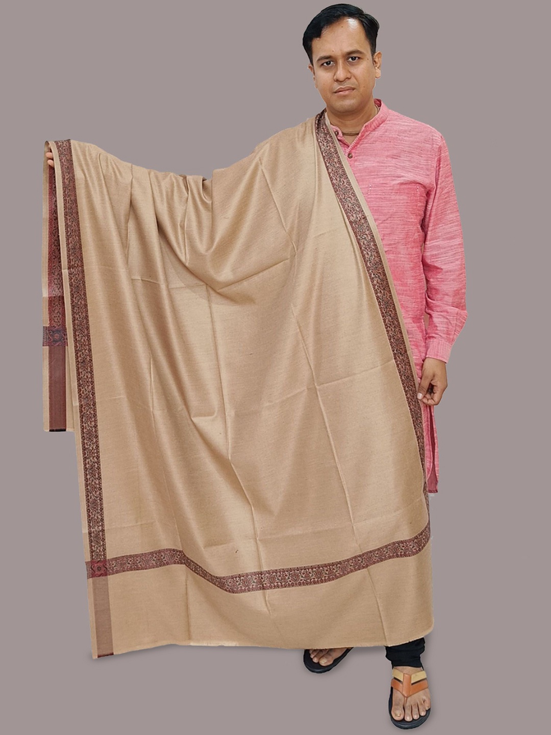 

Vrinde Fringed Border Pure Woollen Shawl, Beige