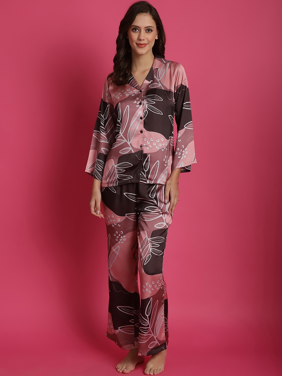 

Claura Women Silk Satin Printed Night suit, Pink