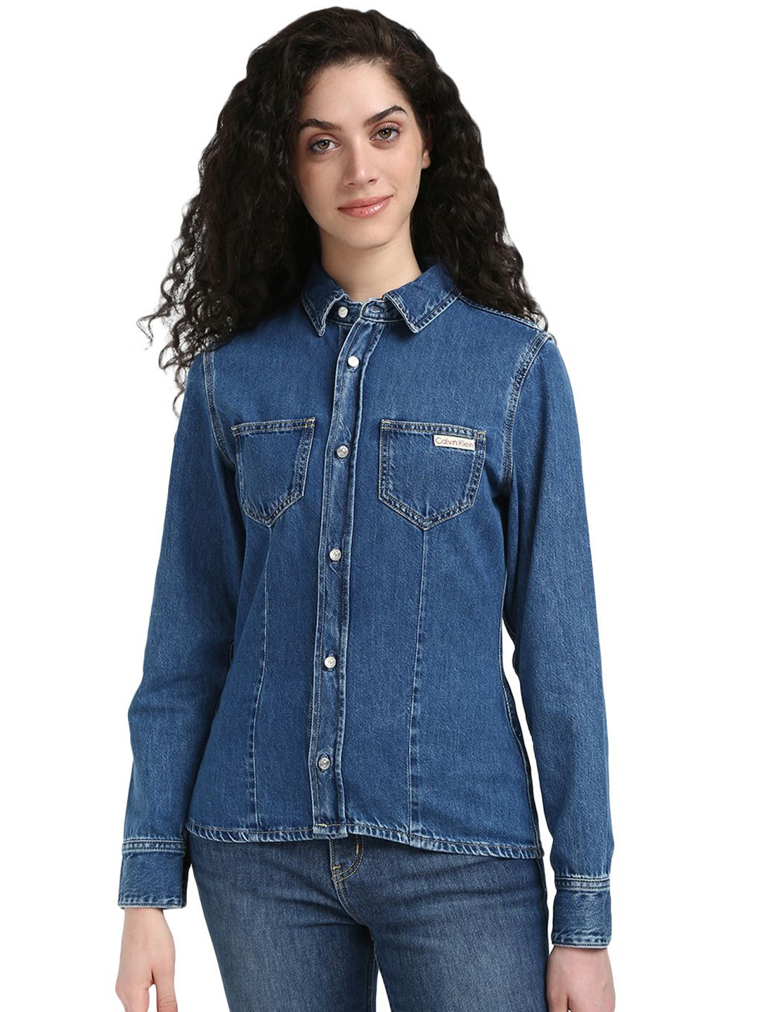 

Calvin Klein Jeans Women Spread Collar Solid Cotton Slim Fit Casual Shirt, Blue