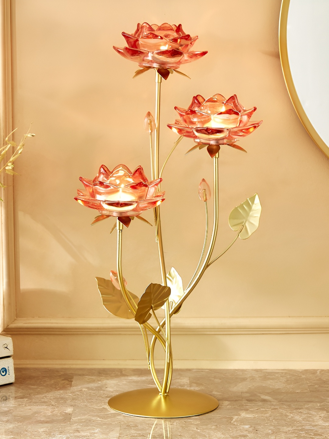 

Home Centre Wables Lotus Pink & Gold-Toned Glass T-Light Candle Holder