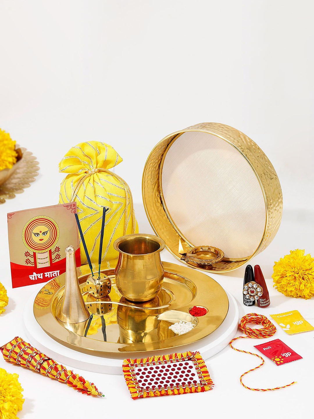 

IGP Blissful Karwa Chauth Golden Pooja Thali Hamper, Yellow