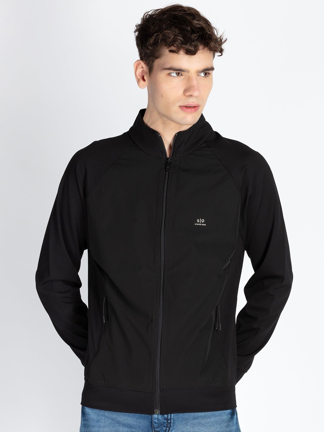 

Status Quo Men Solid Mock Collar Front-Open Sweatshirt, Black