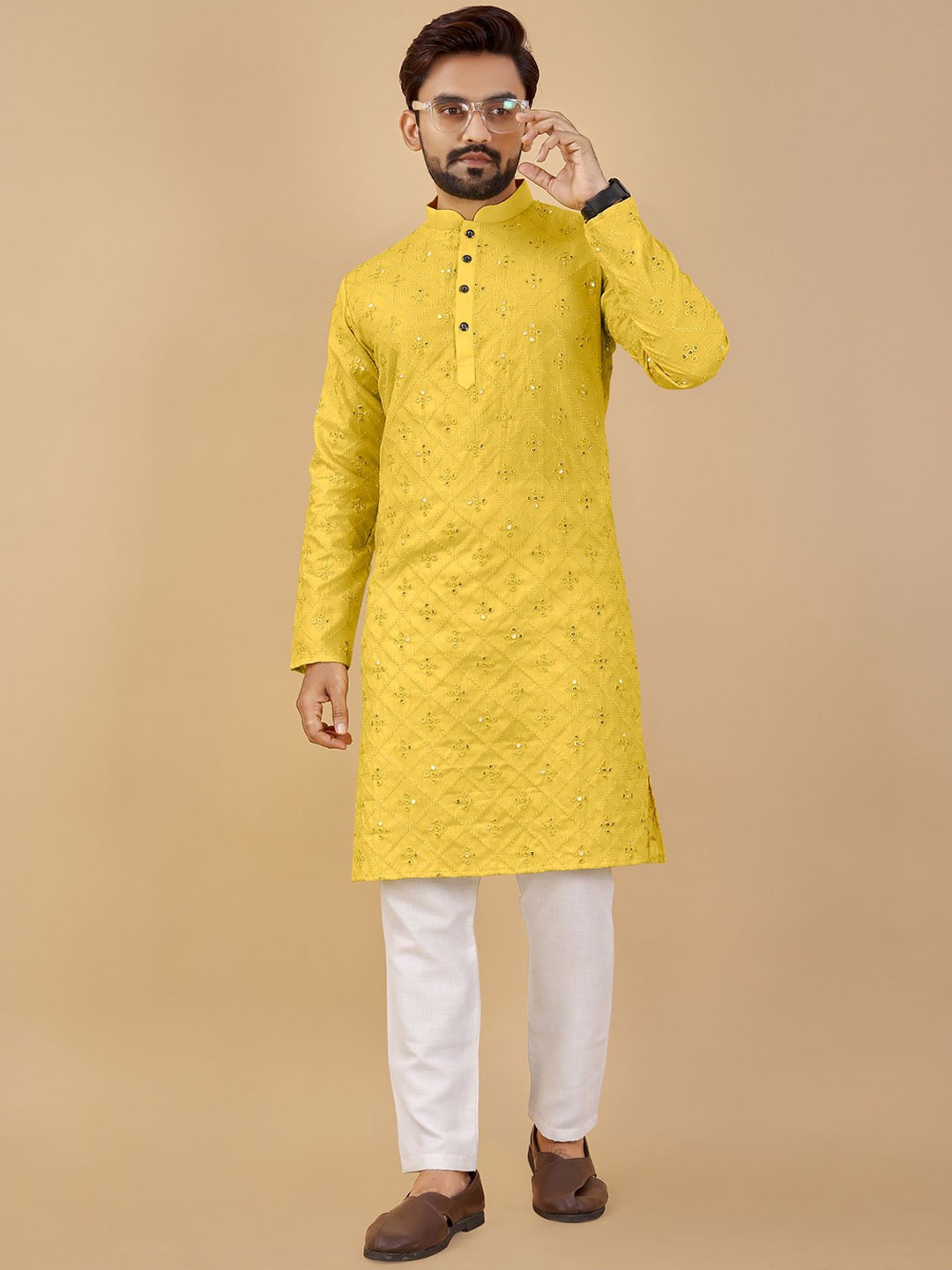 

LADY BERRY Geometric Embroidered Sequinned Mandarin Collar Cotton Straight Kurta, Yellow