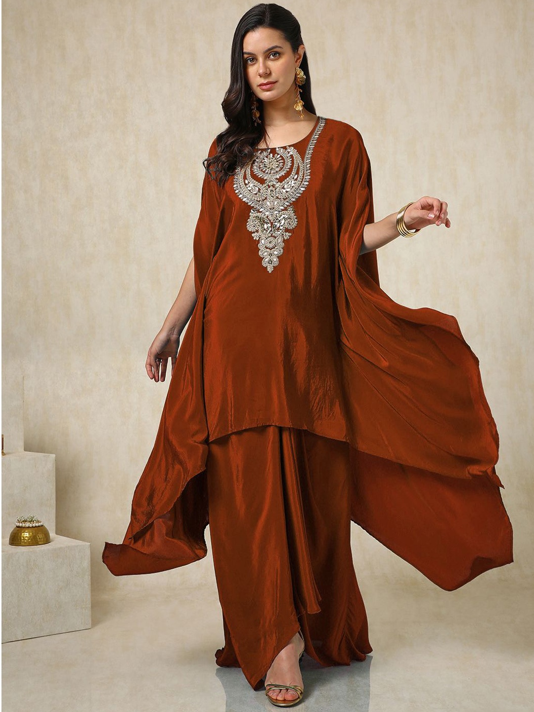 

Soch Paisley Embroidered Round Neck Regular Sequinned Kaftan Kurta With Trouser, Rust