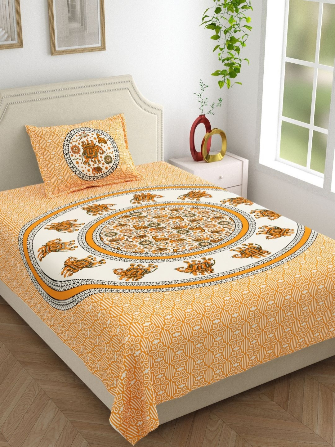 

The Craft Monk Yellow Ethnic Motifs Pure Cotton 210 TC Single Bedsheet Set 2.28 m x 1.52 m