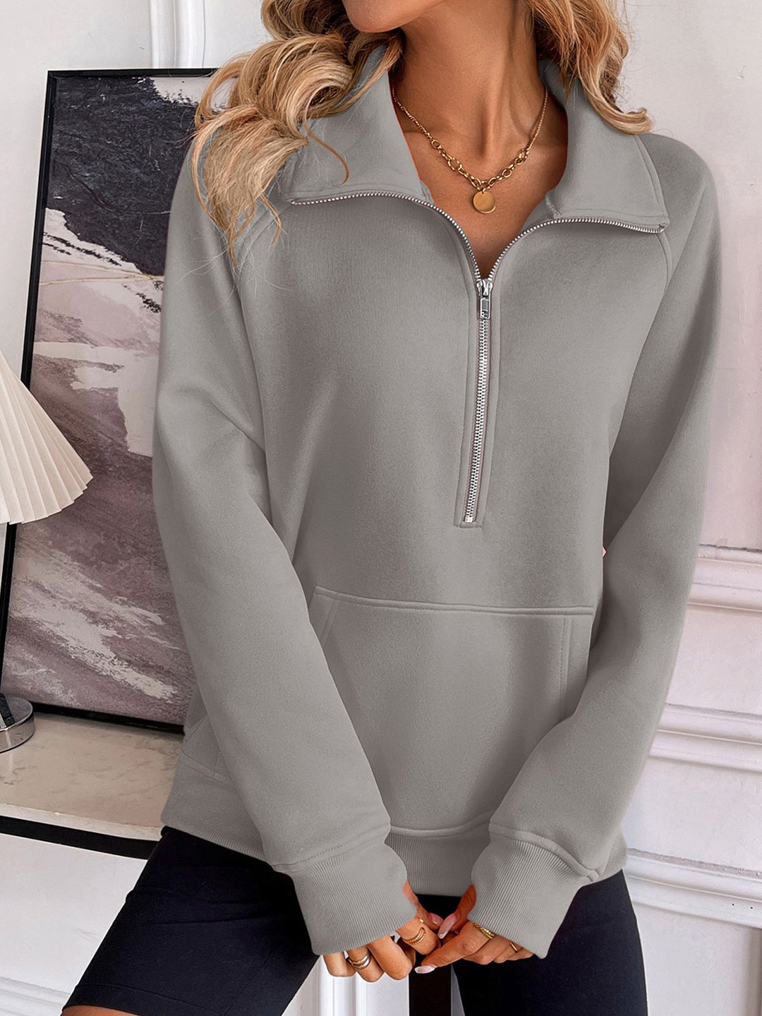 

StyleCast x Revolte Women Solid Shirt Collar Pullover Sweatshirt, Grey