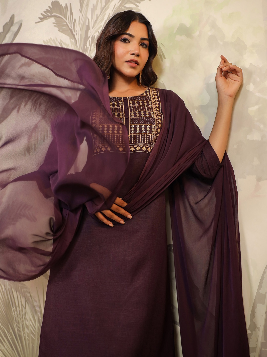 

KALINI Floral Embroidered Zari Straight Kurta With Trouser & Dupatta, Purple