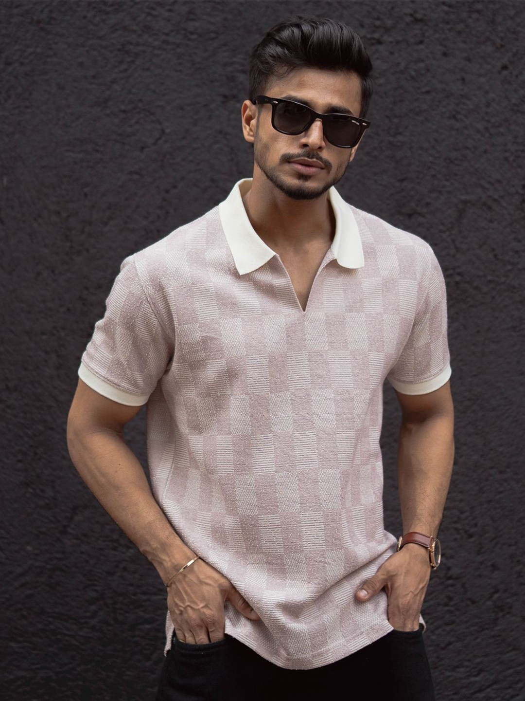 

Powerlook Men Checked Polo Collar Cotton T-shirt, Pink