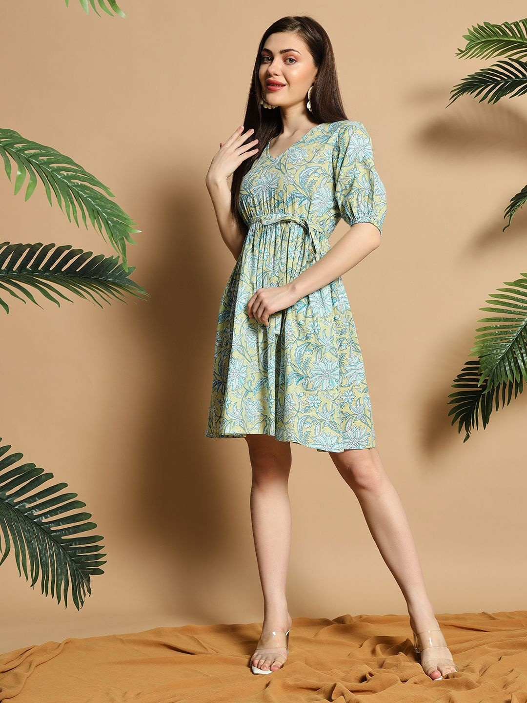 

Meeranshi Ethnic Motifs Printed Fit and Flare Dresses With Tie-Ups, Lime green