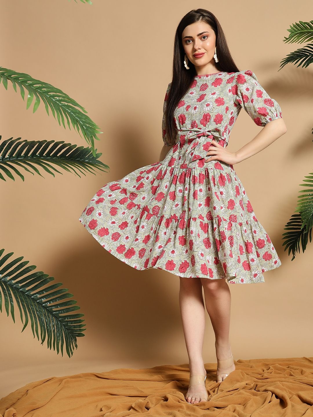 

Meeranshi Women Cotton Floral Print Fit & Flare Midi Dress, Sea green