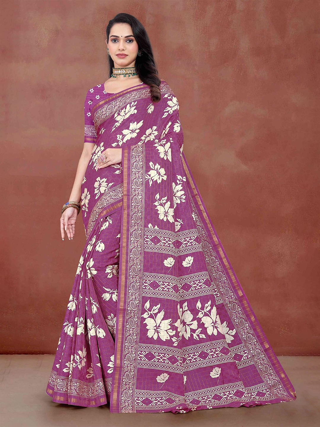 

STAVA CREATION Floral Printed Zari Jute Cotton Saree, Lavender