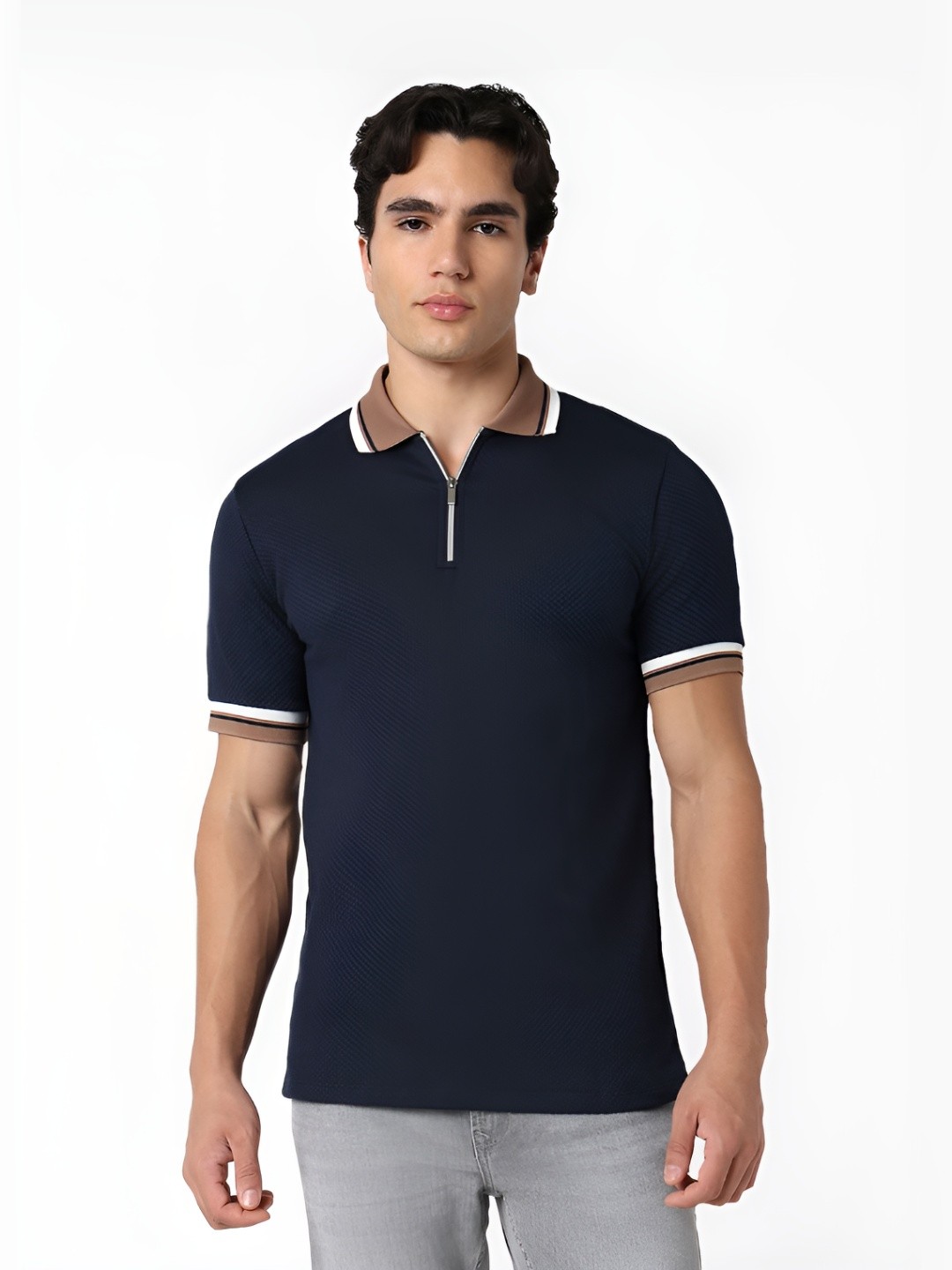 

R&B Men Self Design Polo Collar Cotton T-shirt, Navy blue