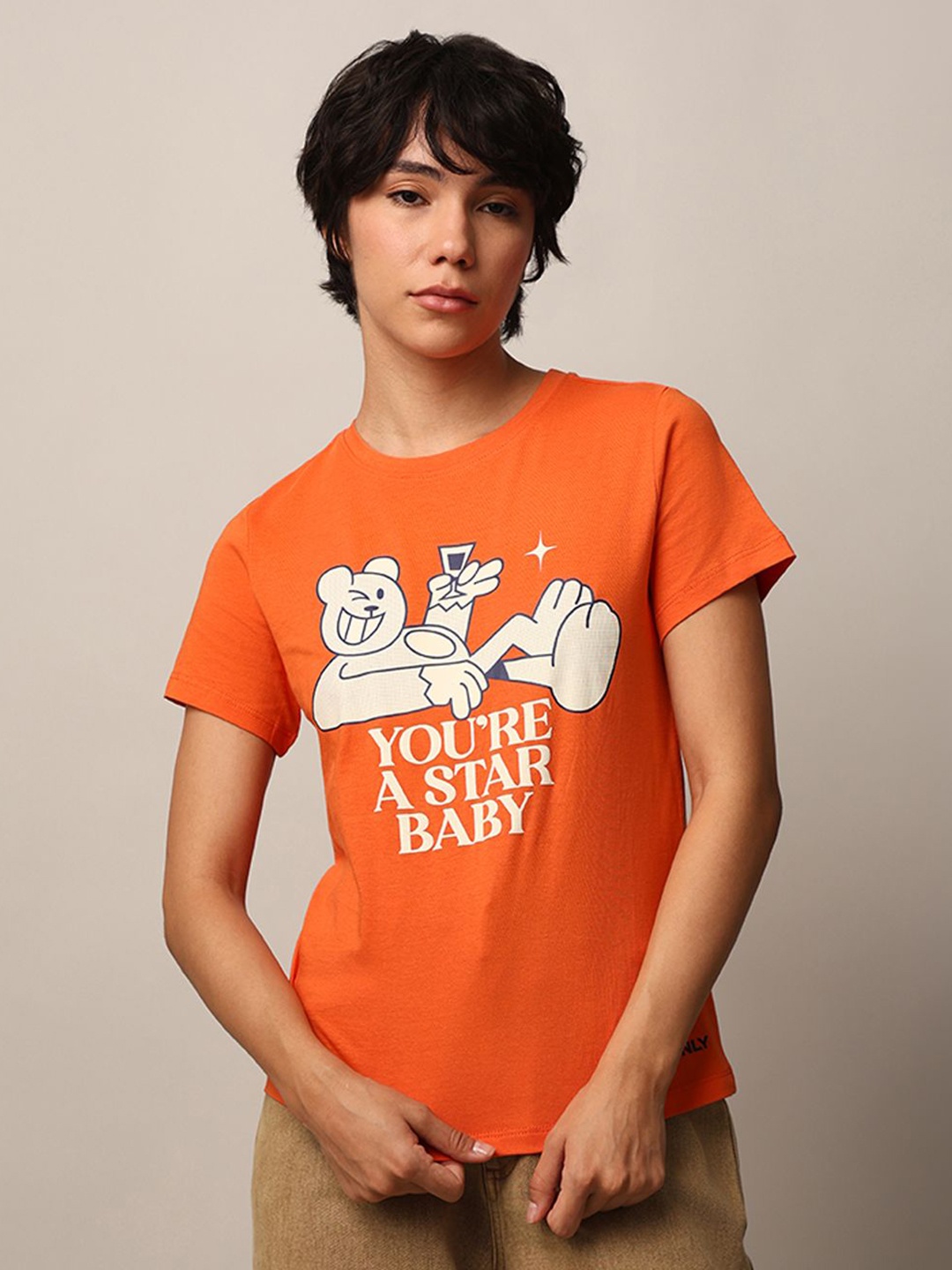 

ONLY Women Typography Printed Round Neck Cotton T-shirt, Orange
