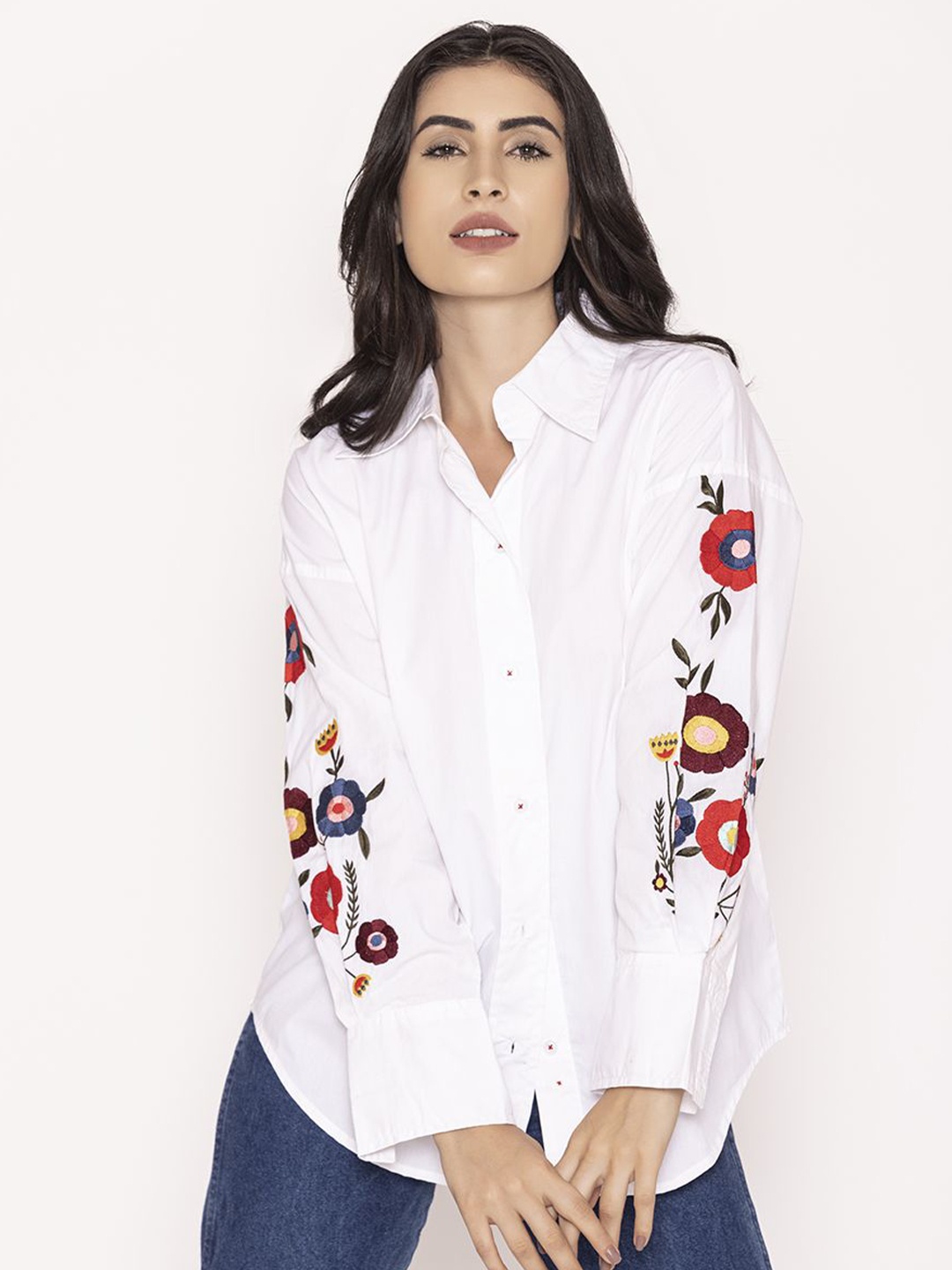 

Lounge Dreams Women Relaxed Spread Collar Floral Printed Cotton Oversized Casual Shirt, White