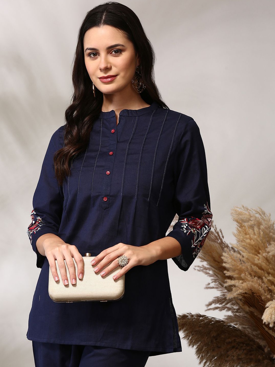 

Anouk Embroidered Mandarin Collar Pure Cotton Top With Palazzo, Navy blue