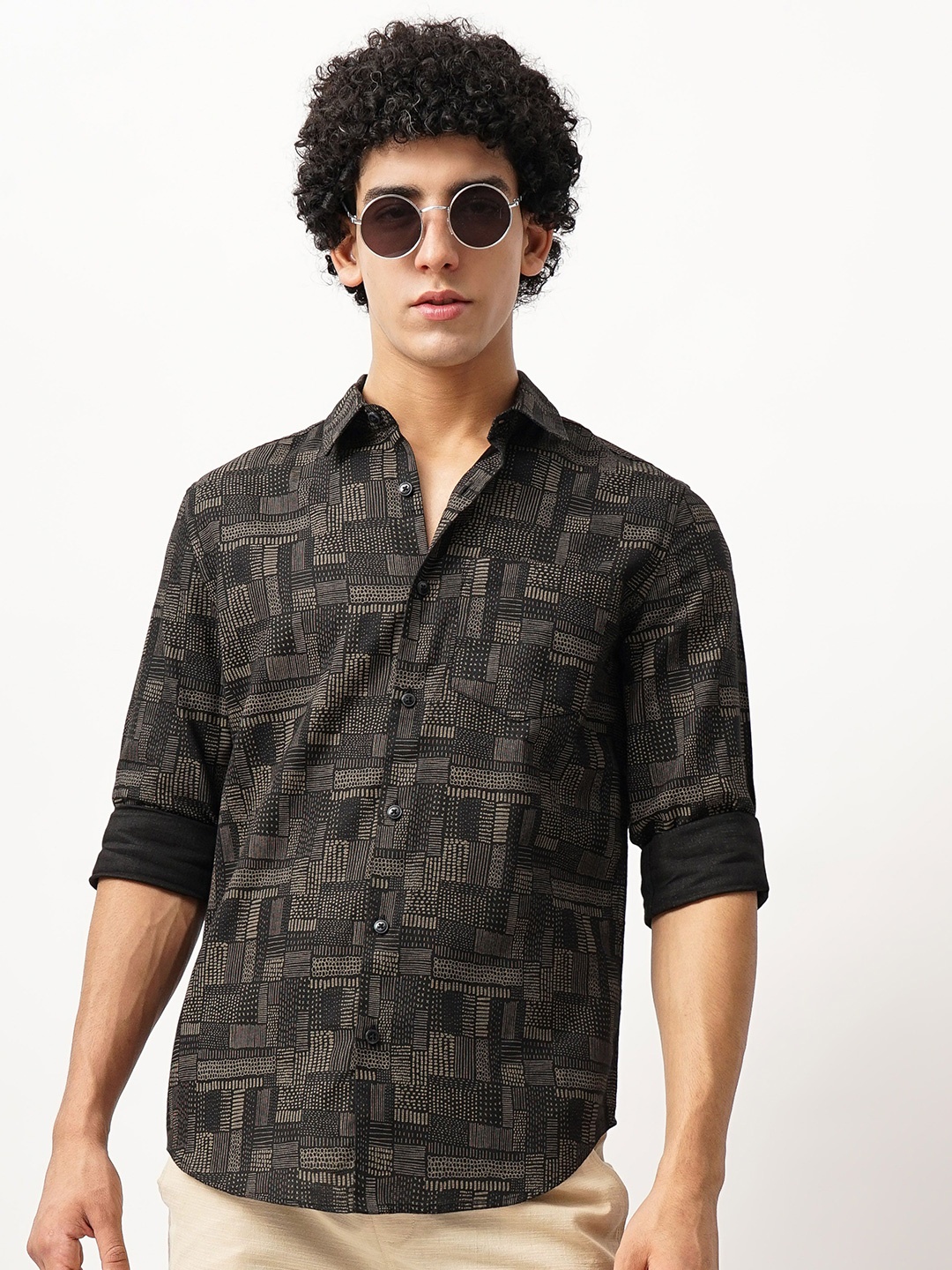 

British Club Men Comfort Spread Collar Abstract Printed Cotton Slim Fit Casual Shirt, Black