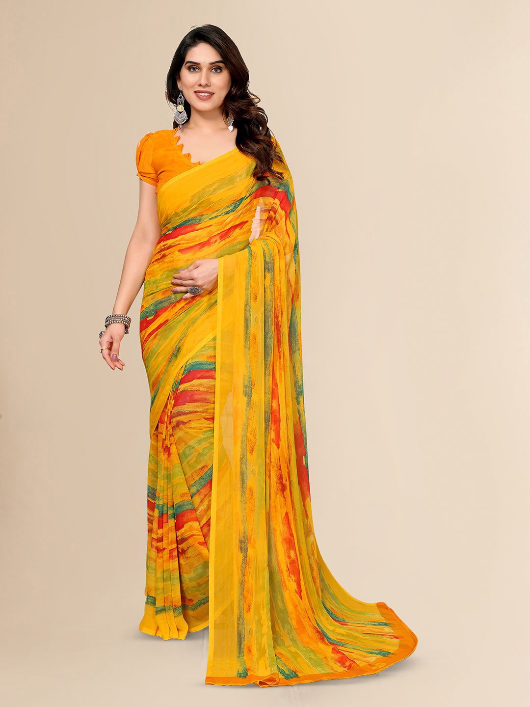 

ANAND SAREES Poly Georgette Saree, Yellow