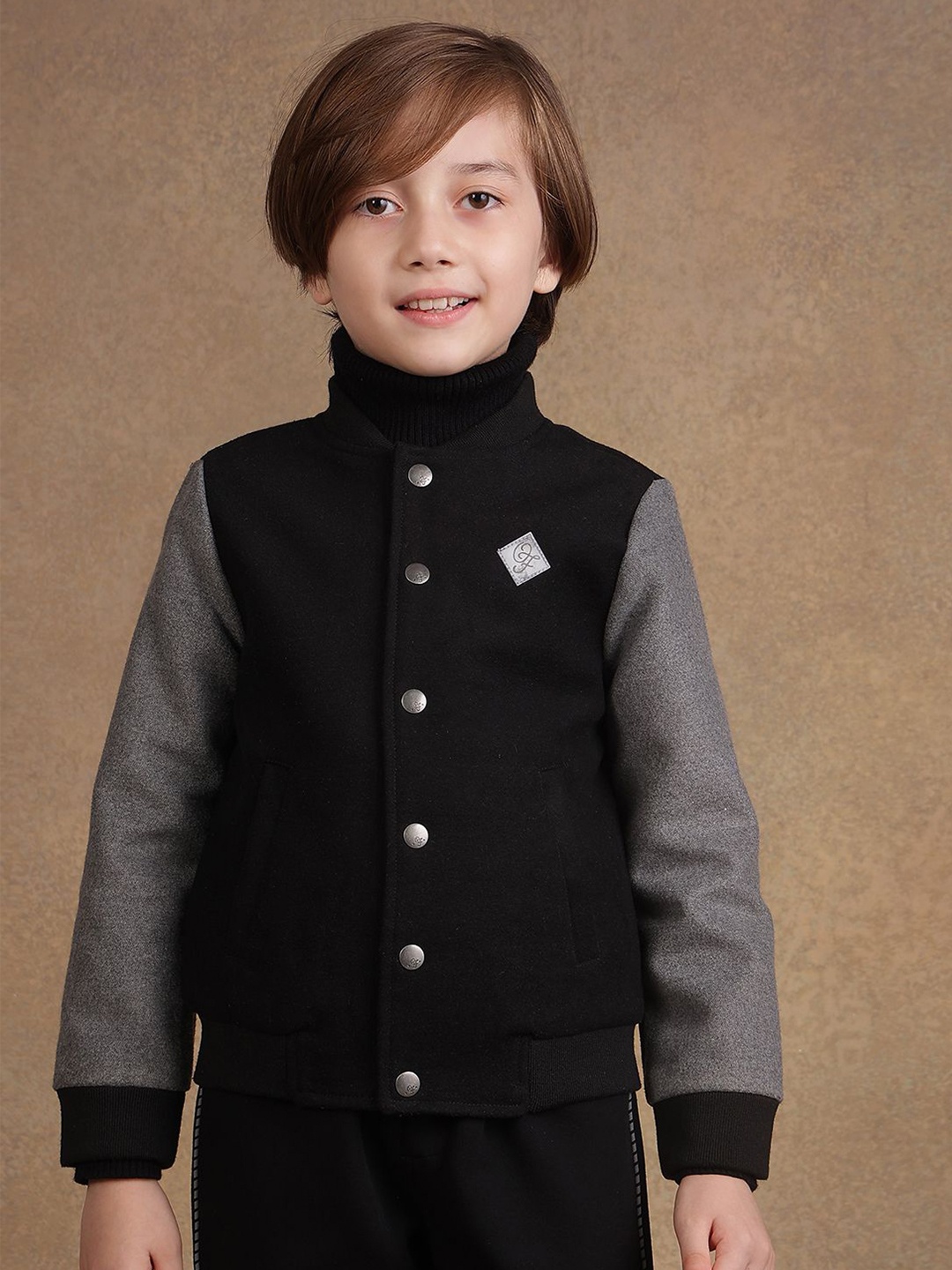 

One Friday Boys Stand Collar Solid Casual Open Front Jacket, Black