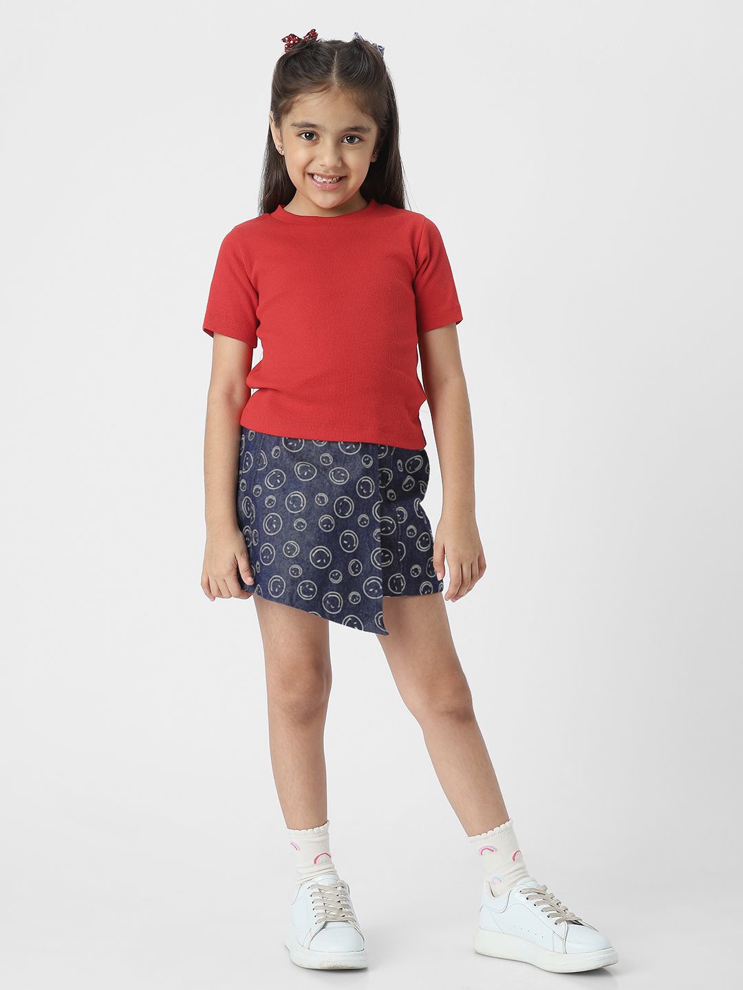 

Nauti Nati Girls Cotton Ribbed T-shirt and Denim Skort, Red